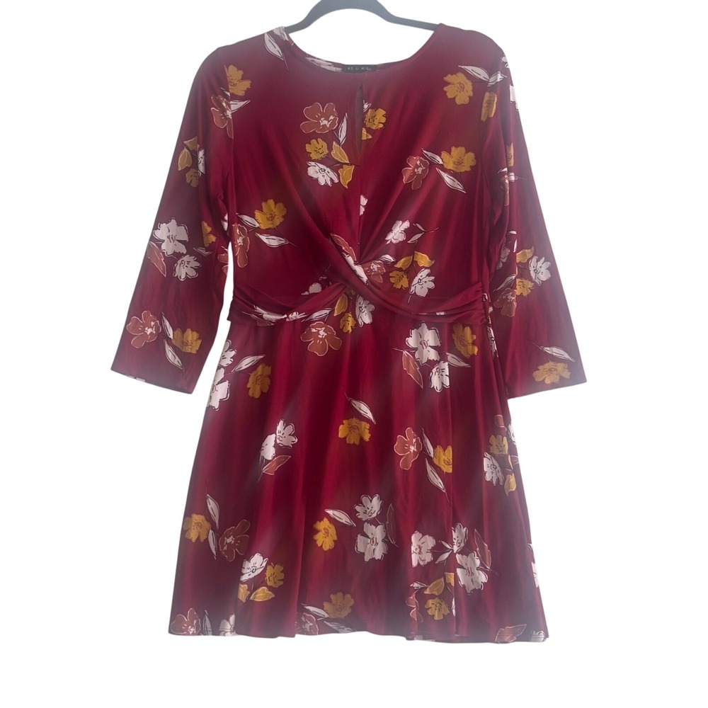 AS U Wish Floral Print Twist Front 3/4 Sleeve Dress - Red XL